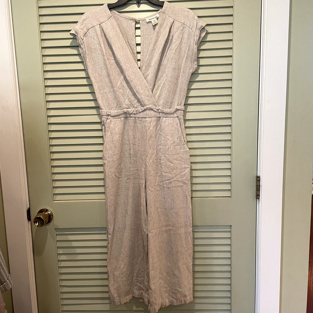 Monteau Linen Blend Jumpsuit MED Beige Wide Leg Tie Waist Pockets Boho